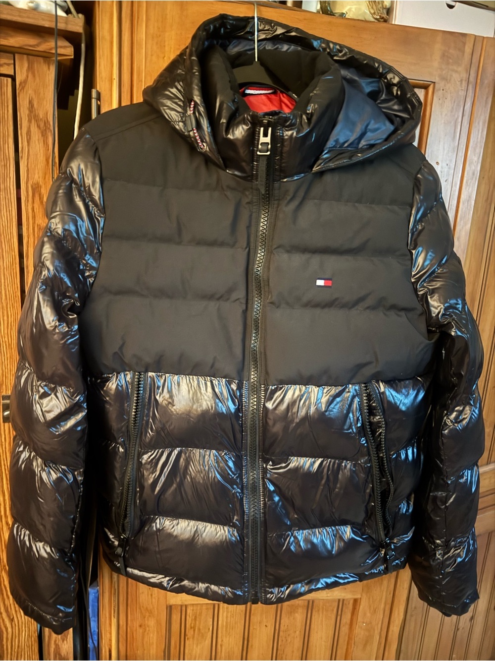 Tommy Hilfiger Black Quilted & Shiny Panel Puffer Jacket with Hood